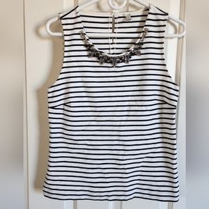 J Crew- black/white striped shell top with embellished neckline. EUC. Size S